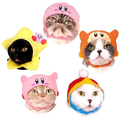 Five cats in a circle with brightly colored, kirby-themed hats.