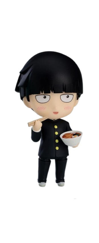 A figurine of Mob from Mob Psycho 100 eating ramen.
