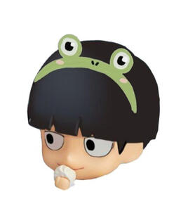 An edited image of a figurine of Mob from Mob Psycho 100 wearing a frog headband.